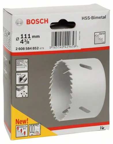 Bosch HSS-Bimetall Lochsäge 111 mm - Lochsäge für Holz, Metall und Kunststoff, mit Vario-Verzahnung für glatte Schnitte und hoher Wärmebeständigkeit dank Bi-Metall-HSS mit Kobalt.