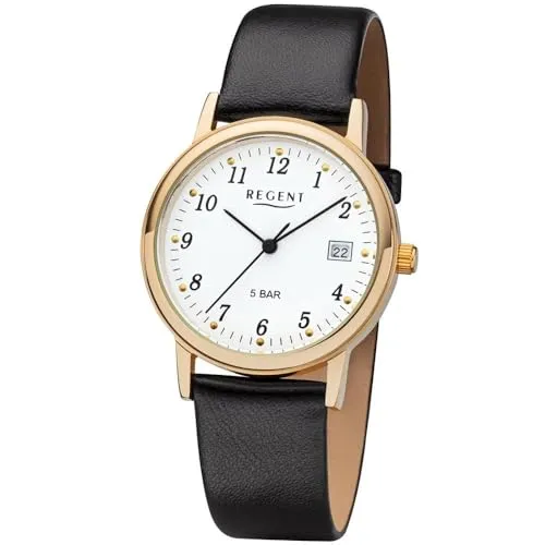 REGENT Herrenuhr F790 - Goldfarbend mit Lederband - Armbanduhren für Herren, stilvolles Design mit hochwertigem Lederband und elegantem goldfarbenden Gehäuse für jeden Anlass.