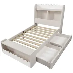 Kinderbett Einzelbett mit Stauraum, Regal und Sitzbank, Weiß mit Eiche - Praktisches Einzelbett mit zwei flexiblen Schubladen und cleverem Stauraum. Das moderne Design in Weiß und Holzmaserung bringt frischen Charme ins Kinderzimmer und fördert die Organisation.