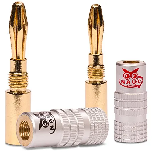 NAUC Bananenstecker für Lautsprecherkabel - 2 Stück Stecker als Set - Steckverbinder 24K vergoldet schraubbar - für HiFi Receiver Verstärker