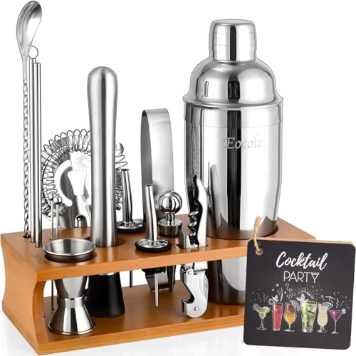 Cocktail Shaker Set mit Bambus Ständer & Rezeptbuch, Edelstahl 750ml Bar Cocktailset Cocktailshaker mit Bar Zubehör Werkzeug,17 Stück Cocktail Mix Set für Barkeeper Geschenk Frauen (Braunes Silber)