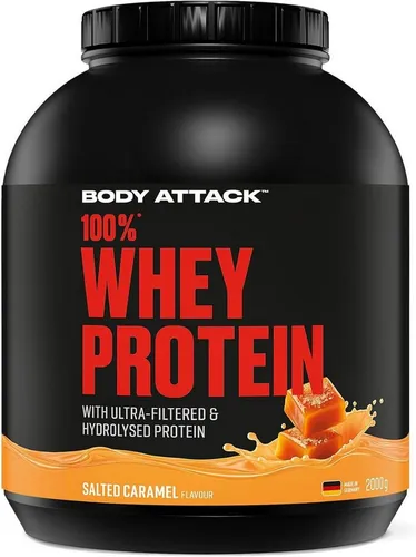 Body Attack 100% Whey Protein Salted Caramel, 2 kg - Extra cremiges Eiweißpulver für Sportler - Genieße den cremigen Protein Shake mit 100% Whey Protein und BCAA's. Ideal zur Unterstützung deines Trainings für Muskelaufbau und Regeneration. Ohne Aspartam und Gluten, für schnellen Genuss!