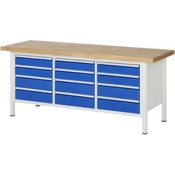 Rau Werkbank 8579A2 - Robuste Standardwerkbank mit 12 Schubladen - Standardwerkbank mit massiver Buche-Arbeitsplatte, belastbar bis 1.250 kg und 12 praktischen Schubladen für optimale Organisation. Ideal für Werkstätten und Hobbyräume.