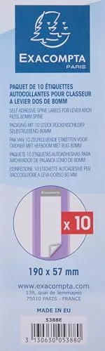 Exacompta 5388E 10er Pack Ordner-Rückenschild. Etiketten 80 x 180 mm selbstklebend für Ordner weiß mit Beschriftungslinien