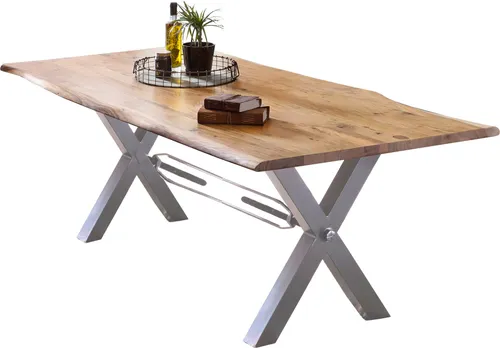 TPFLiving Tisch 160x85 cm, Akazie natur - Einzigartiger Esstisch mit industriellem Charme - Der TPFLiving Baumkantentisch Valerius aus massiver Akazie bringt Charakter in Ihr Zuhause. Mit einer robusten Tischplatte und modernem Metallgestell ist er ideal für gesellige Abende und stilvolles Essen.