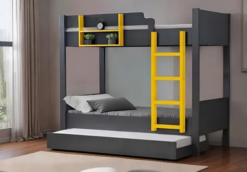 Modernes Kinder Etagenbett mit Stauraum und gelber Leiter