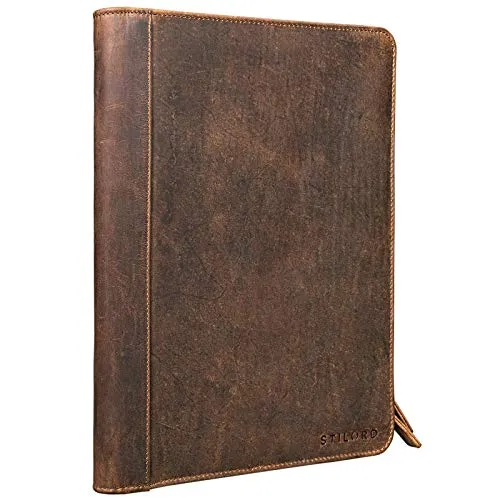 STILORD 'Julius' Vintage Konferenzmappe aus Leder - Schreibmappe aus echtem Rindsleder: Stilvoll und organisiert für Meetings | Ideal für DIN A4 und 12 Zoll Tablets | Elegantes Vintage Design für einen professionellen Auftritt.
