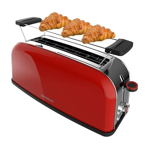 Cecotec Vertikaler Toaster Toastin' time 850 Red Long - Toaster für 2 Scheiben Brot mit 3,8 cm breitem Schlitz, ideal für dicke Scheiben und Brötchen. Mit 7 Bräunungsstufen und Krümelschublade für einfache Reinigung.