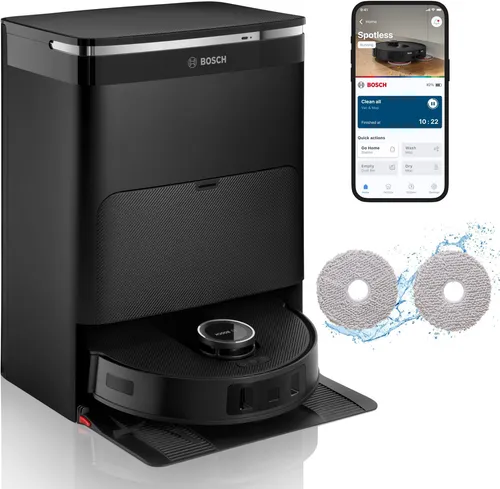 BOSCH Saugroboter Spotless Max BCRDW3B - Saugroboter mit 11.000 Pa Saugkraft und rotierenden Wischpads, bietet umfassende Reinigung mit App-Steuerung und 10 Jahre Motorgarantie für höchste Sicherheit.