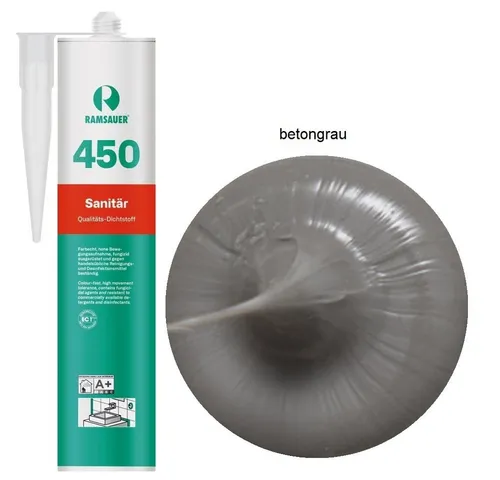 Ramsauer Dichtstoff Ramsauer 450 Sanitär 1K Silikon Dichtstoff 310ml Kartusche betongrau, gebrauchsfertig, chemisch widerstandsfähig, schnellhärtend, UV-beständig, pilzhemmend
