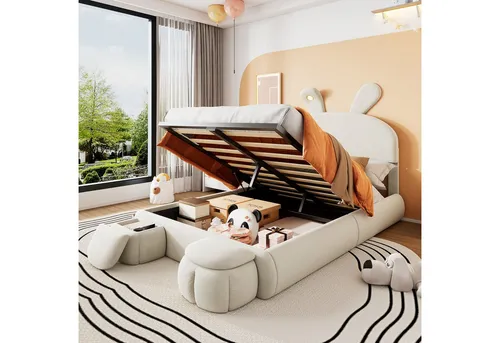TavilaEcon Boxspringbett Polsterbett mit einstellbarer Helligkeit warmfarbenen Lichtstreifen, Stauraum unter dem Bett, zwei Aufbewahrungshockern, 140×200cm