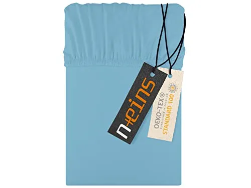 npluseins Jersey Spannbettlaken aus 100% Baumwolle - in 22 Farben - in 6 Größen, ca. 140-160 x 200 cm, hellblau