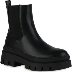 VAN HILL Damen Plateau Boots Stiefeletten Blockabsatz Stiefel Profil-Sohle Schuhe 839451, Farbe: Schwarz, Größe: 39 - Schwarz - 39