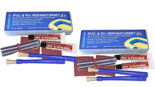 fishingglue.de 2er-Pack PVC- & PU-Reparatur-Set XL, Wasser- & UV- beständiges Vinyl, PVC, PU-Plastik-Flickzeug Schlauchboot Zelt Pool Gewebe Planen Markise Isomatte Luftmatratze bis 60°C wärmestabil