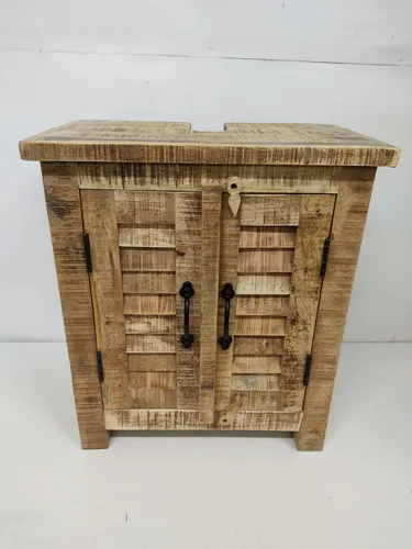 Woodkings Waschbeckenunterschrank Caribou aus Mangoholz - Unterschrank fürs Bad, robuster Badschrank aus Mangoholz mit kompakten Maßen 52x60x30 cm, ideal für kleine Bäder und sofort einsatzbereit.