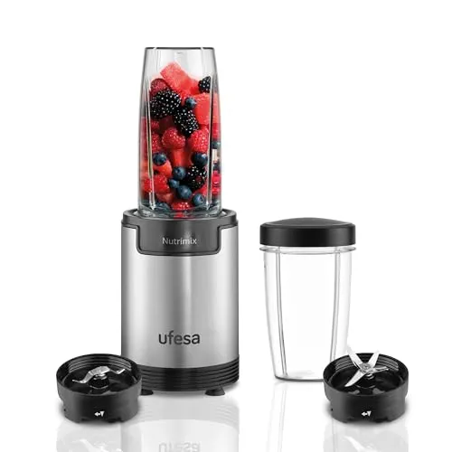 Ufesa Nutrimix Einzel-Standmixer, Multifunktionaler Nährstoff- und Vitaminextraktor, 900W Leistung, Edelstahlklingen, Shakes und Smoothies, Zerkleinert Eis, 6-in-1 Zubehör