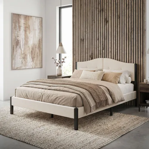 ML-Design Polsterbett 140x200 cm Beige – Modernes Doppelbett mit Kopfteil