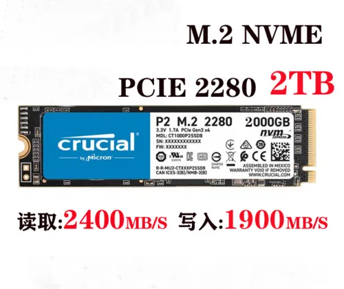Crucial P2 2TB NVMe SSD - Schneller Speicher für Laptop und PC - Festplatten mit 2TB Speicherkapazität und Lesegeschwindigkeit von 2400MB/s, ideal für schnelle Datenübertragungen und Anwendungen.