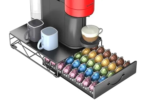 Kapselhalter für 40 Nespresso Vertuo & Dolce Gusto Kapseln, Rutschfester Geräuschloser Kapselspender für 60 Vertuo Kapseln, Metall Kaffeekapseln Schublade