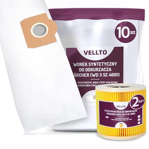 10x Vellto Staubsaugerbeutel Kompatibel mit Kärcher 6.959-130 WD3 MV3 SE 4001 SE4002 V-17 V12 A 2150 2201 2201 F A 2204 Ersatzbeutel Staubbeutel Beutel mit 2x Filter Ersatzfilter Patronenfilter