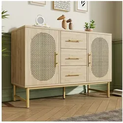 STILVORA Sideboard mit 2 Türen&3 Schubladen,Rattan Sideboard Fluschrank mit Regale,Natur (Sideboard mit 3-Schubladen und 2-Rattan-Türer,komodenschrank, 1 St., für Schlafzimmer und Wohnzimmer, Verstellbare Regale, Kippschutz), 120 x 40 x 74 cm, Sonoma Eiche