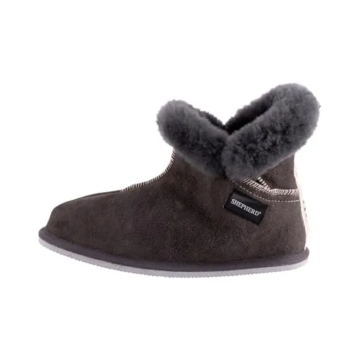 Shepherd Bella Damen Hausschuhe in Grau, 36 EU - Bequeme Hausschuhe aus hochwertigem Nubukleder mit kuscheliger Schaffell-Innensohle, ideal für entspannte Tage zu Hause.