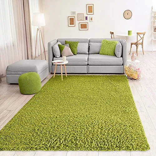 VIMODA Teppich Prime Shaggy Hochflor Einfarbig Modern Grün - Ø 120 cm für Wohnzimmer & mehr - Hochflor Teppich ideal für Wohnzimmer, Schlafzimmer & Küche. Flauschig, strapazierfähig und schmutzabweisend für maximalen Komfort.