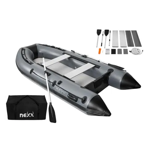 NEXX Schlauchboot 330cm - Professionelles Anglerboot mit Tragetasche - Boote - Maximale Tragfähigkeit von 450kg und ein leichtes Gewicht von nur 36kg. Ideal für küstennahen Gewässer mit herausragender Stabilität und ausgestattet mit 2 Paddeln, Reparatur-Kit und einer Tragetasche.