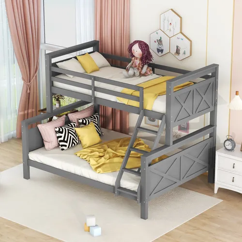 Etagenbett mit 2 Liegeflächen und Rausfallschutz, 90x200cm/140x200cm - Praktisches Etagenbett aus Kiefernmassivholz mit zwei Liegeflächen. Ideal für Kinder, mit stabiler Leiter und umlaufendem Rausfallschutz für sicheres Schlafen.