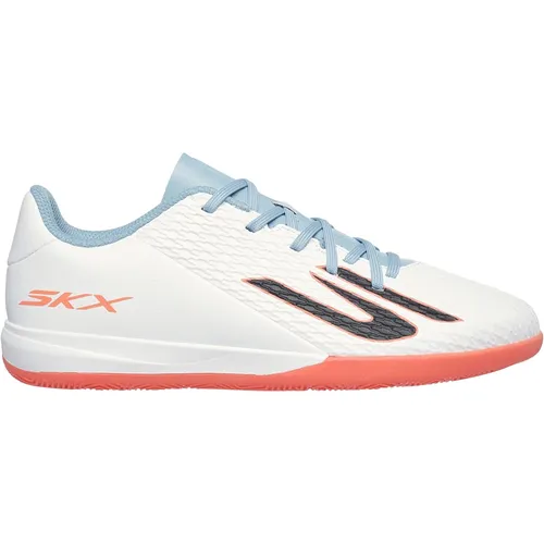 Skechers SKX-2Jr. Youth IC Fußballschuh Halle in Weiß, Größe 33 - Hallenschuhe für junge Sportler, ideal für optimale Ballkontrolle und Komfort beim Spiel, in stylischem Weiß mit Türkis und Pink.