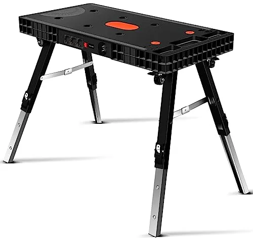 GARDTECH Klappwerkbank 5-in-1, werkbank klappbar & höhenverstellbar, als Werkbank und Arbeitstisch, 150 kg Tragkraft, große Arbeitsfläche mit Winkelangaben, EU-Steckdose, für Werkstatt, Garage & DIY
