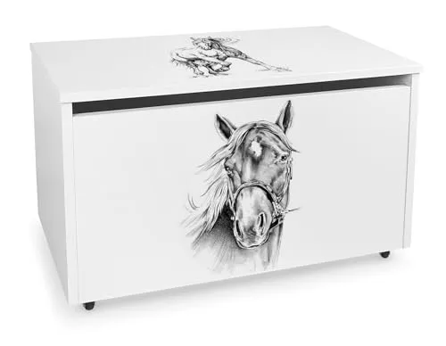 Leomark Holzspielzeugkiste auf Rädern, Höhe: 46 cm, Sitzbank mit Stauraum, Spielzeugkiste mit Deckel, XXL Kinderbank - Truhenbank für Kinder, weiße Aufbewahrungsbox 91L (Pferd)