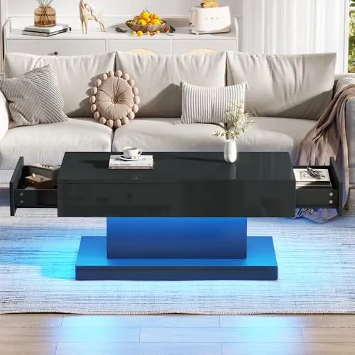 FammyLoft Couchtisch mit LED-Lichtleiste, Wohnzimmertisch mit 2 Schubladen, Hochglanz Beistelltisch, Rechteckig Kaffeetisch, Schwarzer Teetisch im Schlichten Design, 100 * 50 * 45cm