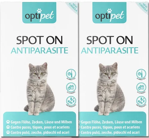 OptiPet Spot on Katzen - 12x Anti-Zecken, Floh, Milben & Läuse Schutz - Ungezieferschutz mit 12 Pipetten für langanhaltenden Schutz gegen Parasiten. Schweizer Qualitätsmarke mit spezieller Wirkstoffkombination. Schützt bis zu 24 Wochen!