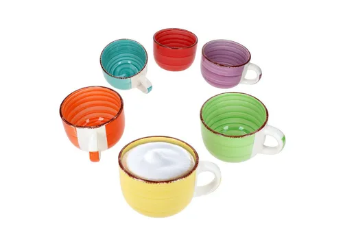 MamboCat Becher 6er Set Uni Jumbotasse 400ml - Bunte XL-Becher für Kakao und Kaffee - Thermobehälter, 6 bunte Steingut Jumbotassen, perfekt für gesellige Runden und große Getränkeportionen.