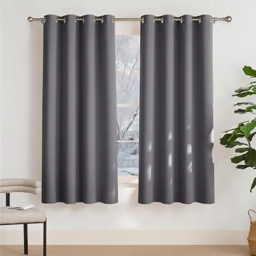 PONY DANCE Verdunkelungsvorhang Kurz Ösenschal 2er Set Blickdichte Vorhänge für Schlafzimmer Gardinen Grau Short Blackout Curtains for Bedroom, H 158 x B 132 cm