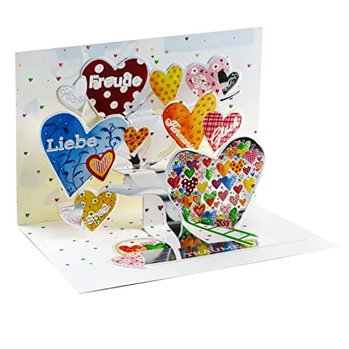 bsb Pop-Up Karte Geburtstag - 3D Geburtstagskarte Pop Up - schöne Geschenk-Karte mit bunte Herzen-Motiv in 11,5 x 17 cm - überraschende Geburtstagskarte Mann & Frau inkl. Umschlag