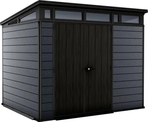 Keter Gerätehaus Cortina 9x7 - Wetterfest & Wartungsfrei - Gartenhaus aus EVOTECH™-Material, bietet viel Stauraum und sieht aus wie Holz. Wetterfest, rostfrei und pflegeleicht – ideal für Gartenwerkzeuge und mehr.
