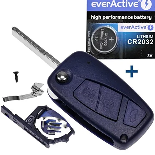 mt key Auto Klapp Schlüssel Funk Fernbedienung 1x Gehäuse Blau 3 Tasten + 1x Rohling SIP22 + 1x CR2032 Batterie für FIAT Citroen Peugeot Iveco Lancia