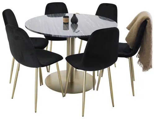 ebuy24 Essgruppe Estelle Ø106 cm - 7-teiliges Set in Schwarz mit Marmor - Elegante Essgruppe mit einem runden Esstisch und 6 Velours-Stühlen in Schwarz mit Messingdekor. Ideal für stilvolle Essbereiche und langlebig durch hochwertige Materialien.