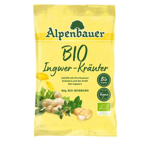 ALPENBAUER Bio-Bonbons Ingwer Kräuter 90 g - Leckere Bio-Bonbons mit Ingwer und Kräutern, ideal für den Genuss zwischendurch. Perfekt für einen frischen Geschmack und eine angenehme Erfrischung.