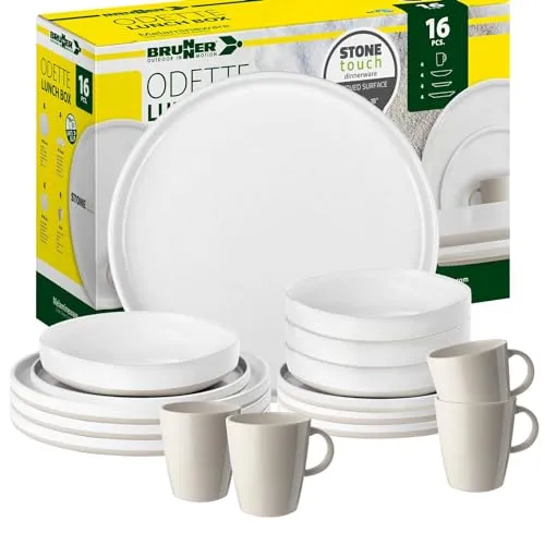 BRUNNER Melamin Geschirr-Set Camping | 16-teilig für 2-4 Personen - Hochwertiges Melamin-Geschirrset für Camping, kratzfest und hitzebeständig. Ideal für Picknick und Grillen, leicht zu transportieren und spülmaschinenfest. Rutschfeste Tassen und Teller sorgen für Stabilität.
