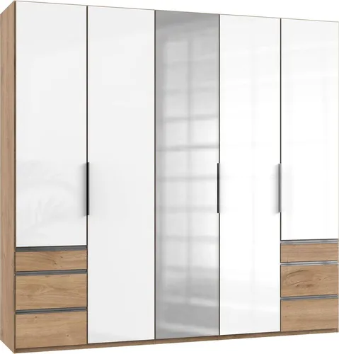 Kleiderschrank Level 250x58x236cm Schlafzimmerschrank Spiegel plankeneiche weißglas Schubladen (18650)