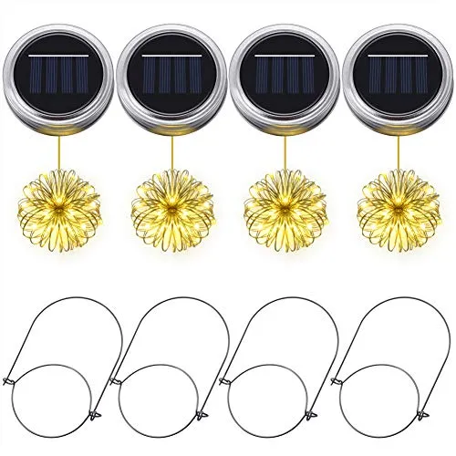 Solar-Einmachglas-Lichter, PChero 4pcs Einmachglas-Deckel 20 LED-Schnur-feenhafte Licht-Dekoration für Garten, Patio, Weihnachten, Halloween [warmes Weiß]