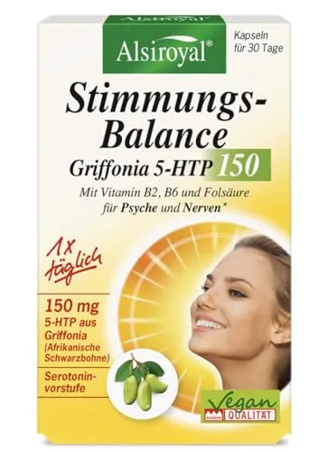 Alsiroyal Stimmungs Balance – 150 mg 5 HTP – 518mg Griffonia Simplicifolia - Vitamin B2, B6 & Folsäure für nervliche Balance, Psyche & Energie – Nahrungsergänzung für innere Ruhe & gute Stimmung