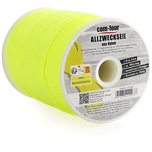 COM-FOUR® Paracord Schnur Ø 4mm, 100m - Seil mit 6 Kern Strängen für Boot, Camping, Outdoor - Nylonseil mit 250kg Tragkraft - Zeltseil, Abspannseil, Allzweckseil