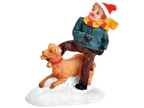 Kind mit Hund aus Poly Miniatur Winterwelt Lichthaus Figur Bunt B4cm H5cm T2cm detailreiche Weihnachtsdeko für Tisch Fensterbank Weihnachtsdorf Festliche Dekoration Sammlerfigur Geschenkidee
