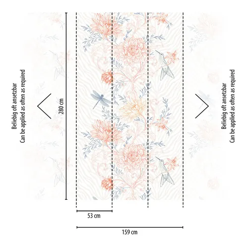 Fototapete Floral Blumen Ranke Vögel Libellen Weiß Orange - Moderne Tapete im floralen Design, abziehbar und lichtbeständig, ideal für jedes Zimmer. Verleiht Ihrem Raum eine frische Atmosphäre.