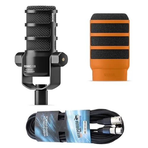 Rode Podmic USB Mikrofon mit WS14O Popschutz und keepdrum XLR Kabel - Hochwertiges Sprechermikrofon mit XLR- und USB-C-Anschluss. Ideal für Podcasts, Streaming und Gaming. Inklusive WS14O Popschutz für klare Sprachübertragung und keepdrum XLR-Kabel.
