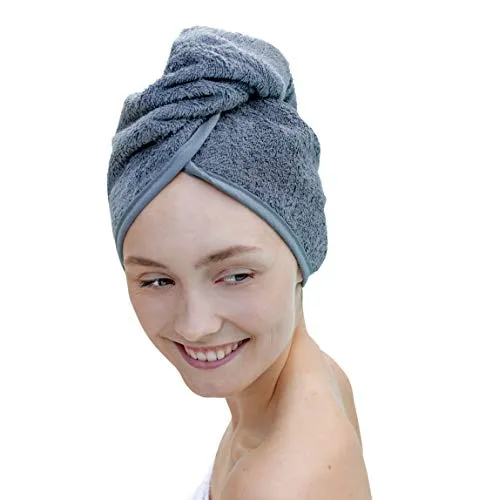 Carenesse Haarturban Baumwolle grau I Turban Handtuch mit Knopf & Schlaufe saugstark I Stabiles Haarhandtuch zur natürlich schonenden Haartrocknung OHNE Mikroplastik